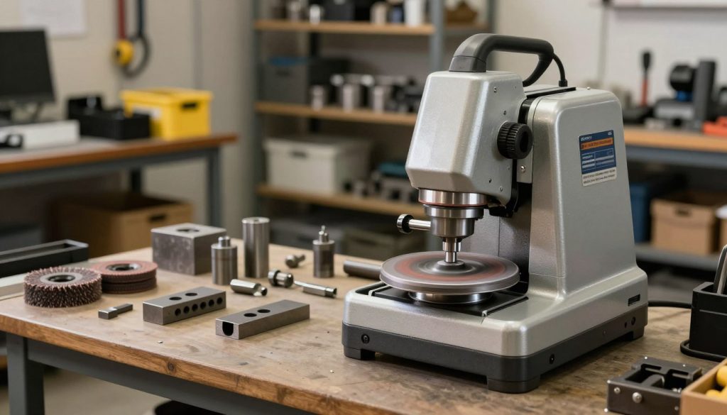 A detailed workspace showcasing a high-quality esmeril (grinding machine) prominently positioned in the foreground, emphasizing its robust design and operational components. The machine gleams under soft, focused lighting, reflecting its metallic surfaces and intricate details. In the middle ground, tools and materials typically associated with machining processes, such as metal pieces and abrasive wheels, are artfully arranged, conveying a sense of industry and craftsmanship. The background features a well-organized workshop environment with shelves stocked with machinery parts and safety equipment, enhancing the atmosphere of productivity and professionalism. Capture the scene from a slightly elevated angle to provide depth and context, with a warm, inviting glow that suggests a dynamic workspace. The brand name "Galpão das máquinas" should be subtly integrated into the scene as part of the equipment.