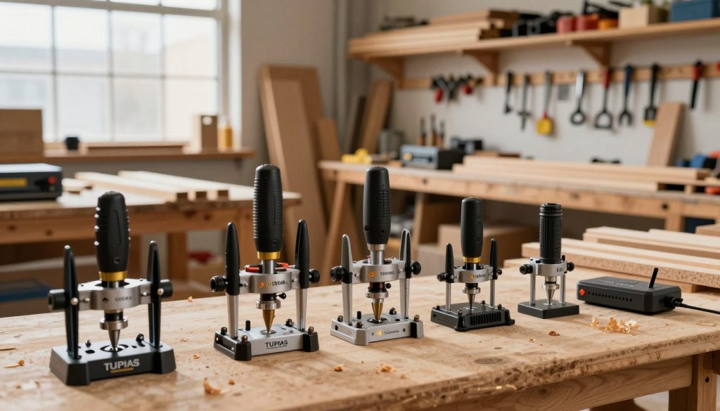 A display of various types of routers (tupias) used in professional woodworking. In the foreground, showcase a variety of routers, including plunge routers, fixed-base routers, and combination routers, each with distinct features visible. The middle ground captures a well-organized woodworking shop, complete with wooden workbenches, tools hanging on the walls, and wood shavings scattered around. The background features shelves filled with lumber and a large window allowing natural light to stream in, enhancing the scene's clarity. The lighting is warm and inviting, highlighting the craftsmanship of the routers. The atmosphere is professional and focused, reflecting a dedicated workspace for woodworkers. Ensure the absence of any text or distractions in the image.