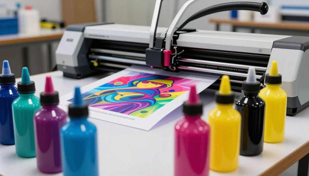 A dynamic and colorful display of UV inks used in plotters, featuring vibrant shades of cyan, magenta, yellow, and black arranged artistically in bottles. In the foreground, several ink bottles are prominently positioned, showcasing their glossy, reflective surfaces under bright, directed lighting. The middle ground should depict a high-tech plotter in action, with vivid prints emerging, illustrating the sharp detail and vibrant colors achieved with UV technology. In the background, a well-organized print studio environment with tools and machinery can add depth without distraction. A warm and professional atmosphere should permeate the scene, evoking creativity and innovation. Include the brand name "Galpão das máquinas" subtly on the plotter, ensuring a clean and modern aesthetic without text overlays or distractions.