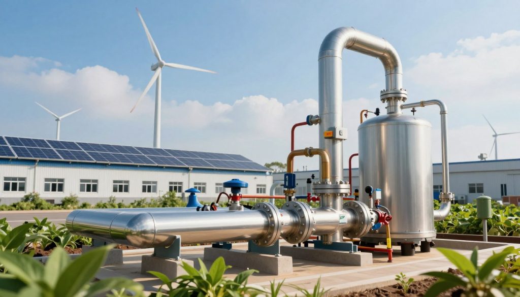 A dynamic and visually engaging scene representing energy efficiency in the context of an aquatubular boiler system. In the foreground, showcase a modern aquatubular boiler with gleaming metallic surfaces and pipes, designed for optimal energy use, surrounded by green plants symbolizing environmental harmony. In the middle ground, illustrate an industrial facility with solar panels and wind turbines, emphasizing renewable energy sources. In the background, a clear blue sky with soft clouds, creating an uplifting atmosphere. Use natural sunlight to highlight the components, casting soft shadows for depth. The mood should be optimistic and forward-thinking, reflecting the synergy between technology and sustainability. Focus on a wide-angle view to capture the holistic picture of energy efficiency.