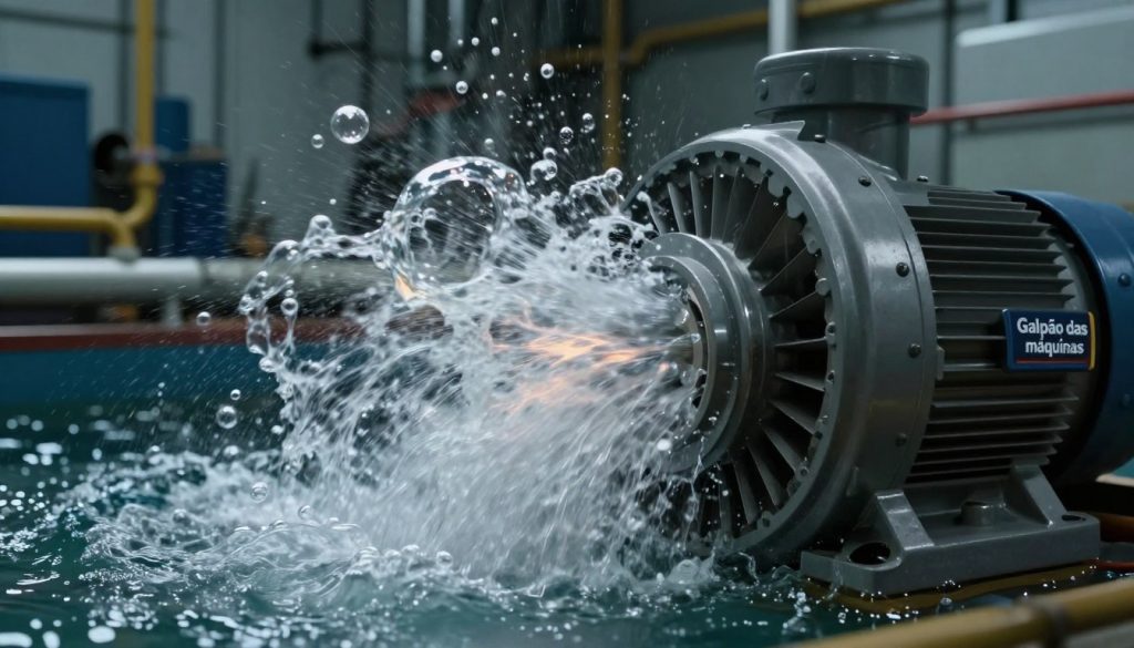 A dynamic image illustrating cavitation in centrifugal pumps, showcasing the turbulent flow and vapor bubbles characteristic of this phenomenon. In the foreground, a large, detailed centrifugal pump with visible components, such as the impeller and casing, is engaged in a turbulent state. The middle ground should highlight the formation of vapor bubbles and the chaotic water flow that indicates cavitation, with light refracting through the bubbles, creating an ethereal glow. The background features muted industrial machinery and pipes to provide context without distraction. Use dramatic lighting to emphasize the contrast between the turbulent water and the pump, capturing a tense atmosphere. Ensure the scene conveys a sense of urgency and technicality, while the overall mood remains professional. Include the brand name "Galpão das máquinas" subtly integrated into the design, maintaining focus on the main subject without cluttering the image. A dynamic image illustrating cavitation in centrifugal pumps, showcasing the turbulent flow and vapor bubbles characteristic of this phenomenon. In the foreground, a large, detailed centrifugal pump with visible components, such as the impeller and casing, is engaged in a turbulent state. The middle ground should highlight the formation of vapor bubbles and the chaotic water flow that indicates cavitation, with light refracting through the bubbles, creating an ethereal glow. The background features muted industrial machinery and pipes to provide context without distraction. Use dramatic lighting to emphasize the contrast between the turbulent water and the pump, capturing a tense atmosphere. Ensure the scene conveys a sense of urgency and technicality, while the overall mood remains professional. Include the brand name "Galpão das máquinas" subtly integrated into the design, maintaining focus on the main subject without cluttering the image.