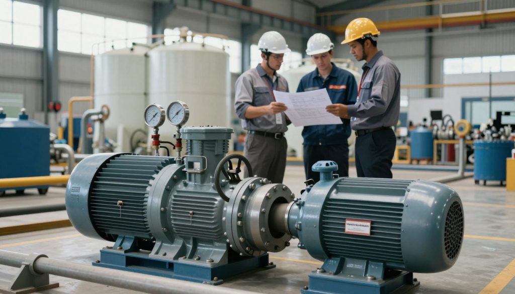 A dynamic industrial scene showcasing practical applications of centrifugal pumps. In the foreground, a modern centrifugal pump is prominently displayed, with clear and intricate details of its structure, including the impeller and motor. In the middle ground, engineers in professional attire are examining blueprints and discussing the pump's integration into a factory setting, surrounded by piping and gauges. The background features an expansive industrial facility with various machinery and storage tanks. Soft, natural lighting filters through large windows, creating a bright atmosphere that emphasizes innovation and teamwork. The overall mood is one of collaboration and efficiency in an advancing industrial world. Include subtle branding elements of "Galpão das máquinas" on machinery equipment in the scene.