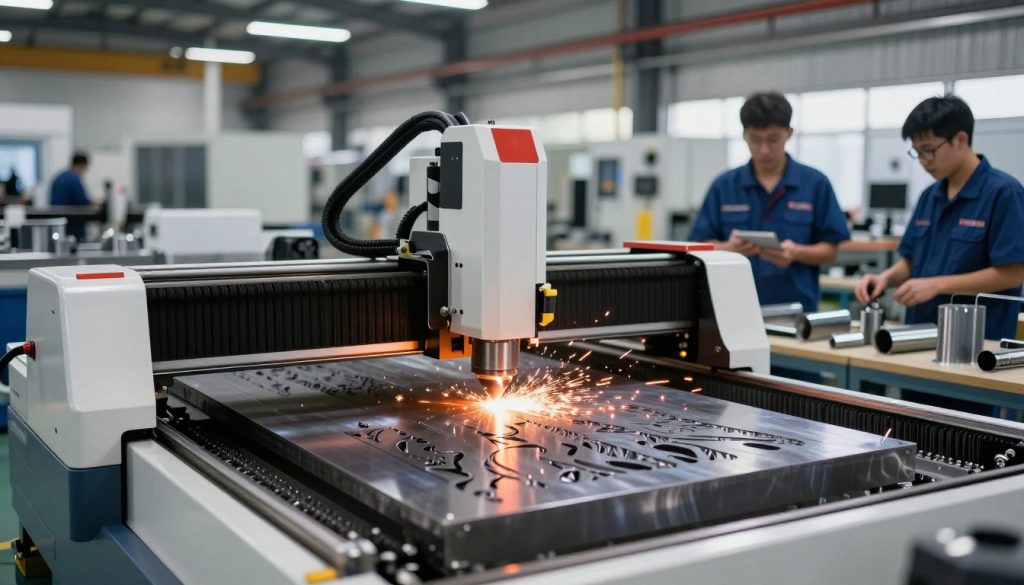 A dynamic industrial setting showcasing laser cutting applications. In the foreground, a modern CNC laser cutting machine, with precise beams of light cutting through metal sheets, creating intricate patterns. Skilled technicians in professional attire observe and operate the machine, emphasizing the human element in industrial innovation. The middle section displays a variety of cut metal components and materials, highlighting versatility. The background features an expansive workshop with bright, focused lighting that accentuates the sleek machinery and sparks flying, creating a sense of action and technology. The mood is one of advanced engineering and efficiency, evoking a sense of innovation in the industrial landscape. The image should be sharp, with a slight depth of field to draw attention to the laser cutting in action.