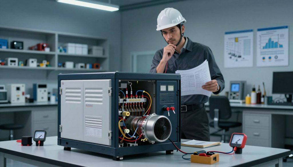 A dynamic scene illustrating electrical power concepts in a professional setting. In the foreground, a sleek, modern generator with visible components showcasing electrical wiring and energy outputs, surrounded by tools like a voltmeter and wattmeter. In the middle, an engineer in a hard hat and business attire, studying the generator with a thoughtful expression, holding blueprints and calculations. In the background, a dimly lit lab environment with shelves filled with electrical components, graphs on the walls, and soft overhead lighting creating an atmosphere of innovation and focus. Use a wide-angle perspective to capture depth, emphasizing the generator as the focal point, with soft shadows adding to the technical ambiance. A dynamic scene illustrating electrical power concepts in a professional setting. In the foreground, a sleek, modern generator with visible components showcasing electrical wiring and energy outputs, surrounded by tools like a voltmeter and wattmeter. In the middle, an engineer in a hard hat and business attire, studying the generator with a thoughtful expression, holding blueprints and calculations. In the background, a dimly lit lab environment with shelves filled with electrical components, graphs on the walls, and soft overhead lighting creating an atmosphere of innovation and focus. Use a wide-angle perspective to capture depth, emphasizing the generator as the focal point, with soft shadows adding to the technical ambiance.