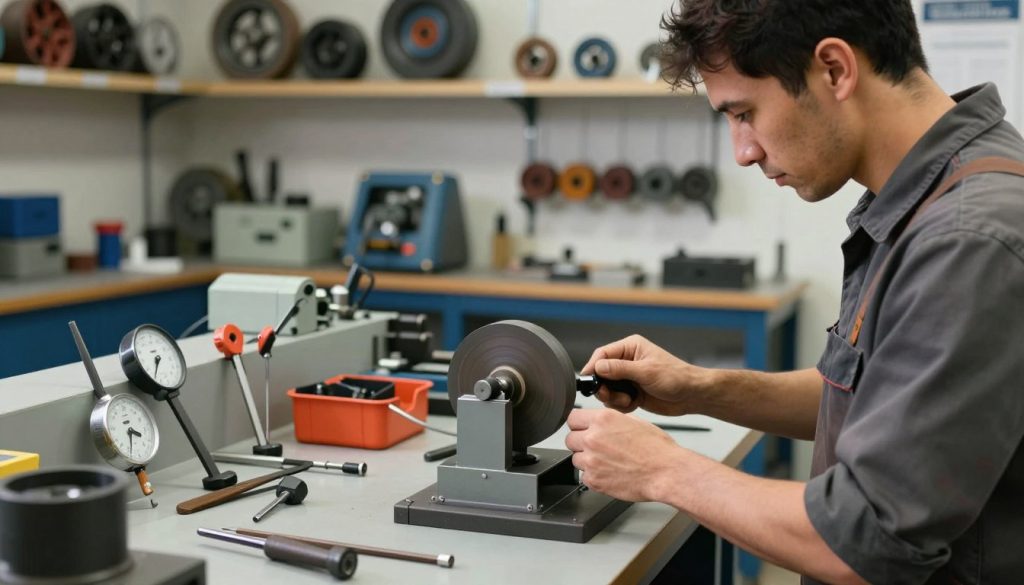 A focused depiction of a professional workshop setting designed around the process of balancing a grinding wheel. In the foreground, a skilled technician, dressed in modest work attire, attentively adjusts a grinding wheel on a precision balancing stand. The middle ground features a well-organized workbench littered with balancing tools, measuring instruments, and safety equipment. In the background, shelves filled with various types of grinding wheels and machining equipment provide context. Soft, diffused lighting highlights the technician's concentration and the intricate details of the tools, creating a productive and professional atmosphere. The scene emphasizes accuracy and safety, with the brand "Galpão das máquinas" subtly integrated into the workshop decor, conveying expertise in machine maintenance.