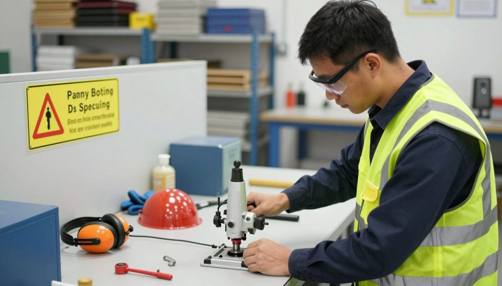 A focused industrial workspace showcasing essential safety practices while operating a router (tupia). In the foreground, a professional worker wearing a high-visibility vest and safety goggles is carefully adjusting the router. The middle ground features an organized workstation with safety signage, protective gear like gloves and ear protection, and tools arranged neatly. In the background, there are shelves with neatly stored materials and more equipment, all under bright, even lighting to ensure visibility. The angle is slightly elevated, capturing the worker's concentration while emphasizing the importance of safety in industrial operations. The atmosphere reflects diligence and a commitment to safety, with an overall clean and professional look.