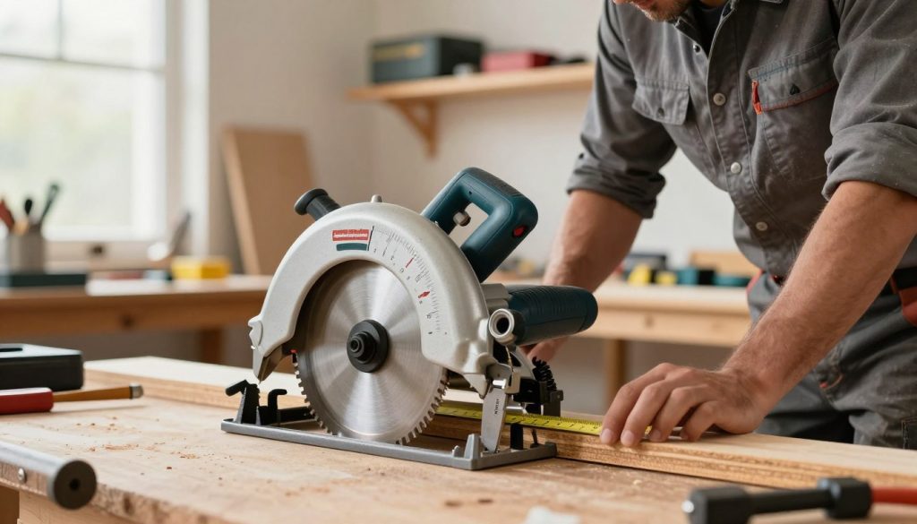 A focused, professional workshop scene showcasing a circular saw in action, emphasizing the ideal cutting depth. In the foreground, a well-lit, high-quality circular saw with a clear depth adjustment feature. In the middle, a skilled tradesperson in modest work attire is measuring wood with a caliper, intently observing the saw's blade. The background reveals a well-organized workshop with tools neatly arranged on bright wooden shelves and natural light streaming through a window, creating a warm and inviting atmosphere. The overall mood is industrious, illustrating precision and craftsmanship. The image includes subtle branding from "Galpão das máquinas" on the circular saw's housing, ensuring the focus remains on the process of setting the cutting depth.