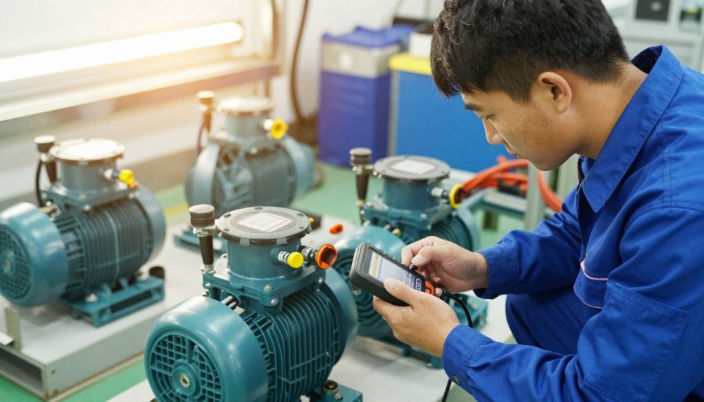 A focused scene depicting a technician performing preventive maintenance on submersible pumps in an industrial setting. In the foreground, a professional-looking technician in a blue uniform examines the pump with a handheld diagnostic device, highlighting their attention to detail. In the middle ground, several submersible pumps are arranged, showcasing both their mechanical components and the surrounding tools. In the background, a clean, well-organized workshop with bright fluorescent lighting enhances the technical atmosphere. The image captures a blend of professionalism and diligence, with a slightly warm color palette to convey a sense of safety and reliability in maintenance practices. The angle is slightly above eye level to emphasize the technician's engagement with the equipment. A focused scene depicting a technician performing preventive maintenance on submersible pumps in an industrial setting. In the foreground, a professional-looking technician in a blue uniform examines the pump with a handheld diagnostic device, highlighting their attention to detail. In the middle ground, several submersible pumps are arranged, showcasing both their mechanical components and the surrounding tools. In the background, a clean, well-organized workshop with bright fluorescent lighting enhances the technical atmosphere. The image captures a blend of professionalism and diligence, with a slightly warm color palette to convey a sense of safety and reliability in maintenance practices. The angle is slightly above eye level to emphasize the technician's engagement with the equipment.