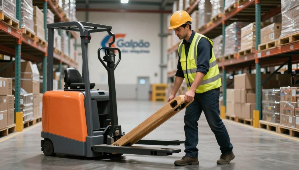 A focused scene of an electric pallet jack operator demonstrating ergonomic practices in a modern warehouse setting. In the foreground, a professional male operator in a safety vest and helmet lifts a pallet carefully, keeping a straight posture and using the appropriate body mechanics. The middle ground features a well-organized warehouse with shelves stocked with goods, appropriate lighting casts soft shadows to create a balanced atmosphere. In the background, the "Galpão das máquinas" logo is subtly integrated into the warehouse environment, ensuring branding without distracting from the main subject. The scene should evoke a sense of professionalism and safety, showcasing the importance of ergonomics in electric pallet jack operation. The perspective should be slightly angled from low to capture the operator's careful technique and convey depth in the workspace.