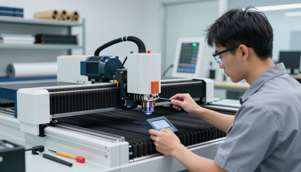 A focused technician performing preventive maintenance on an industrial laser cutting machine in a bright, well-organized workshop. In the foreground, the technician, dressed in safety goggles and a professional shirt, is inspecting the laser head and adjusting the settings. The middle ground features the intricate components of the machine, showcasing its precision parts like motors, lenses, and cooling systems, with tools neatly arranged on a workbench nearby. The background includes shelves with laser cutting materials, illuminated by soft white lights, emphasizing a clean and efficient workspace. The atmosphere is one of professionalism and attentiveness, highlighting the meticulous nature of preventive maintenance.