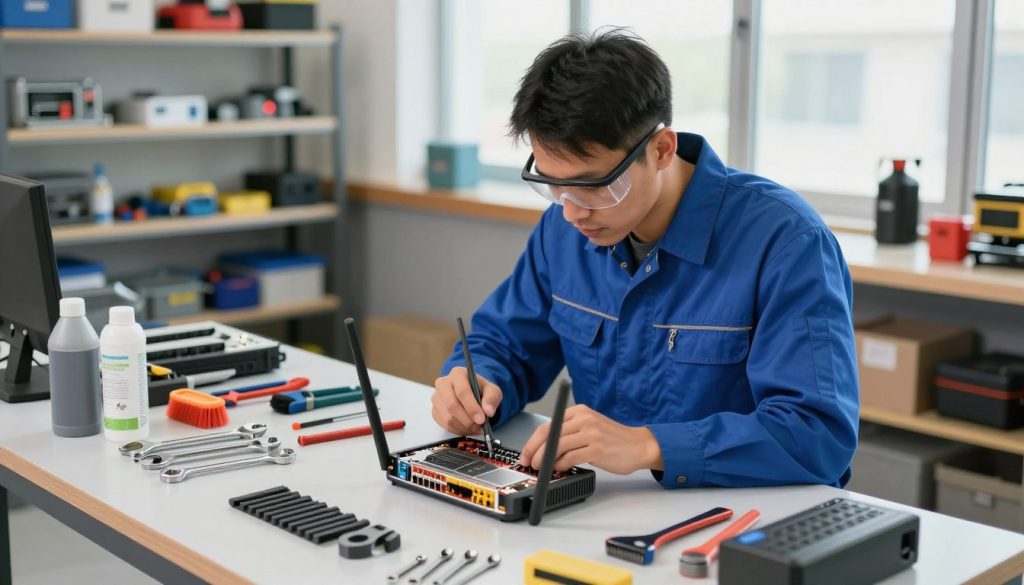 A focused view of a skilled technician performing maintenance on a router in a well-lit workshop. The technician, wearing a blue work shirt and safety goggles, is kneeling beside a workbench cluttered with tools like wrenches, brushes, and lubricants. In the foreground, the router sits disassembled, showcasing its internal components, surrounded by parts laid out neatly. The middle ground includes shelves filled with equipment and safety gear, while the background shows large windows allowing natural light to flood the space, creating a clean and professional atmosphere. The scene is captured from a slightly elevated angle, emphasizing the technician's concentration and expertise, with soft and warm lighting enhancing the sense of an organized workspace dedicated to preventive maintenance.