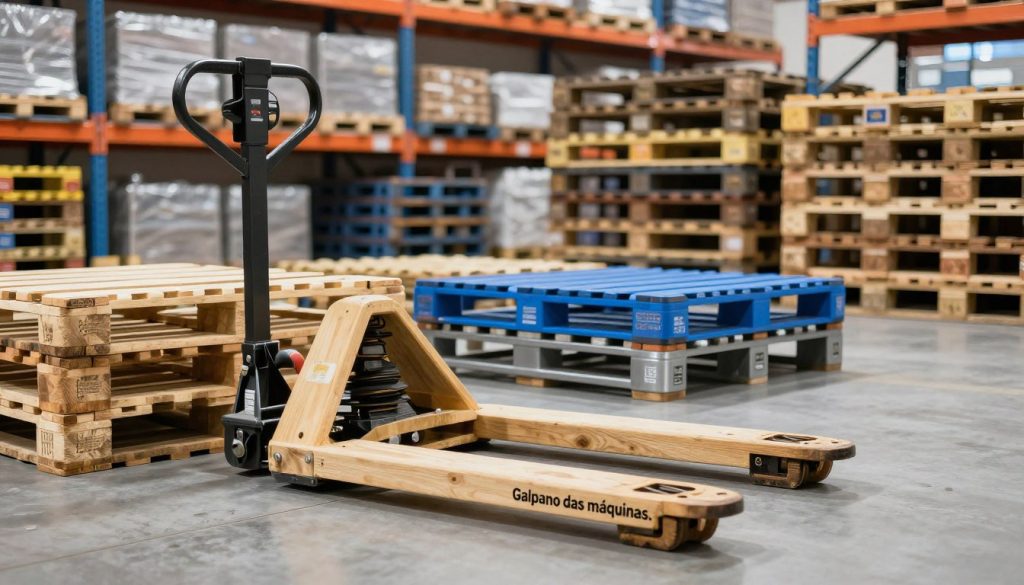 A focused warehouse setting that showcases the compatibility between manual pallet jacks and various types of pallets. In the foreground, a sturdy manual pallet jack positioned next to different pallet designs, including wooden, plastic, and metal pallets. The middle ground features a warehouse backdrop with neatly stacked pallets and organized shelving. Natural and artificial lighting blend to create a bright, professional atmosphere, highlighting textures of the pallets and the functional design of the pallet jack. A shallow depth of field emphasizes the equipment while maintaining a clear view of the environment. The scene conveys a sense of reliability and efficiency, reflecting the quality of "Galpão das máquinas." A focused warehouse setting that showcases the compatibility between manual pallet jacks and various types of pallets. In the foreground, a sturdy manual pallet jack positioned next to different pallet designs, including wooden, plastic, and metal pallets. The middle ground features a warehouse backdrop with neatly stacked pallets and organized shelving. Natural and artificial lighting blend to create a bright, professional atmosphere, highlighting textures of the pallets and the functional design of the pallet jack. A shallow depth of field emphasizes the equipment while maintaining a clear view of the environment. The scene conveys a sense of reliability and efficiency, reflecting the quality of "Galpão das máquinas."