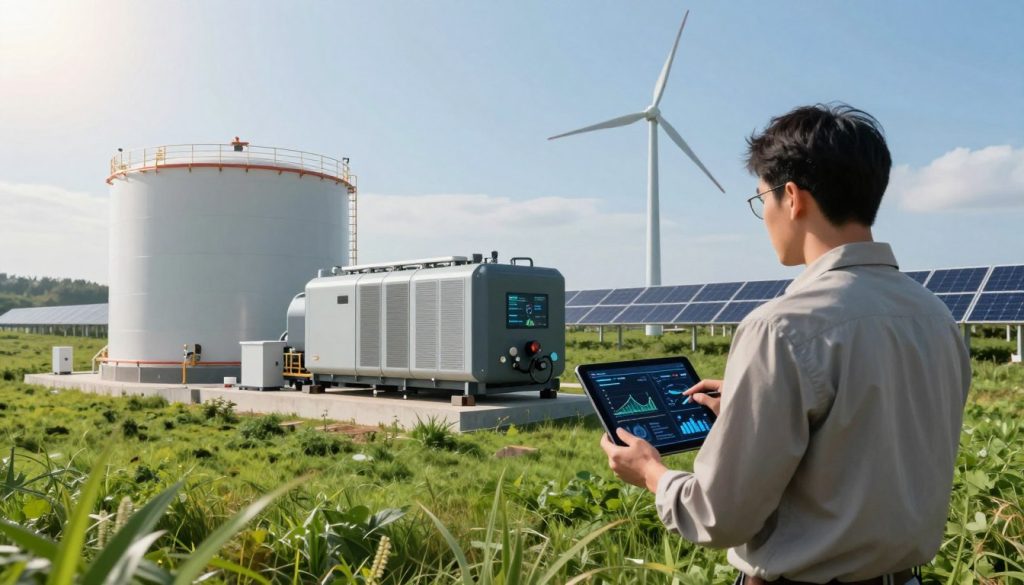 A futuristic energy generator facility set in a lush green landscape, showcasing a large fuel tank beside a sleek, efficient generator. In the foreground, an engineer in smart casual attire is analyzing digital graphs on a tablet, depicting optimization strategies for fuel consumption. The middle ground features the generator, designed with modern technology, while in the background, wind turbines and solar panels symbolize sustainable energy. The sky is clear with warm sunlight illuminating the scene, creating a hopeful and innovative atmosphere. Use a wide-angle lens to capture this scene with depth, emphasizing the harmony between technology and nature, and ensuring a professional feel without any distracting elements.