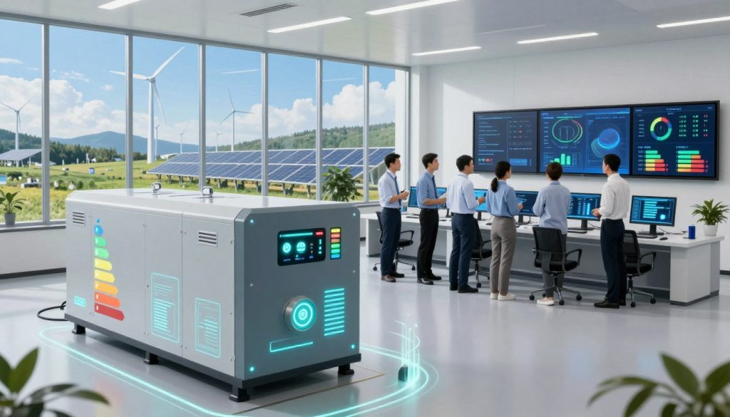 A futuristic energy generator facility, showcasing various types of generators focused on energy efficiency. In the foreground, a sleek, modern generator with illuminated efficiency indicators, surrounded by energy flow diagrams. In the middle ground, a diverse group of engineers in professional attire, discussing within a bright, spacious control room filled with screens displaying energy consumption statistics and efficiency metrics. The background features large windows revealing a scenic view of renewable energy sources like wind turbines and solar panels under a clear blue sky. The lighting is bright and natural, conveying a sense of innovation and sustainability, shot with a wide-angle lens to capture the entire scene in an inspiring and optimistic atmosphere.