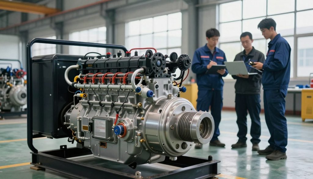 A gas-powered energy generator in a modern industrial setting, showcasing its intricate components like the engine, fuel supply system, and exhaust. In the foreground, detailed focus on the generator's metallic casing with visible branding. The middle ground features technicians in professional attire, examining the generator with tools and laptops, reflecting teamwork and expertise. In the background, a factory setting with large windows letting in soft, natural light, illuminating the scene. Capture this in a slight angle from a low perspective to emphasize the generator's size and importance. The atmosphere is one of efficiency and innovation, highlighting the advantages of gas energy technology, with a clean and organized workspace indicating professionalism. A gas-powered energy generator in a modern industrial setting, showcasing its intricate components like the engine, fuel supply system, and exhaust. In the foreground, detailed focus on the generator's metallic casing with visible branding. The middle ground features technicians in professional attire, examining the generator with tools and laptops, reflecting teamwork and expertise. In the background, a factory setting with large windows letting in soft, natural light, illuminating the scene. Capture this in a slight angle from a low perspective to emphasize the generator's size and importance. The atmosphere is one of efficiency and innovation, highlighting the advantages of gas energy technology, with a clean and organized workspace indicating professionalism.