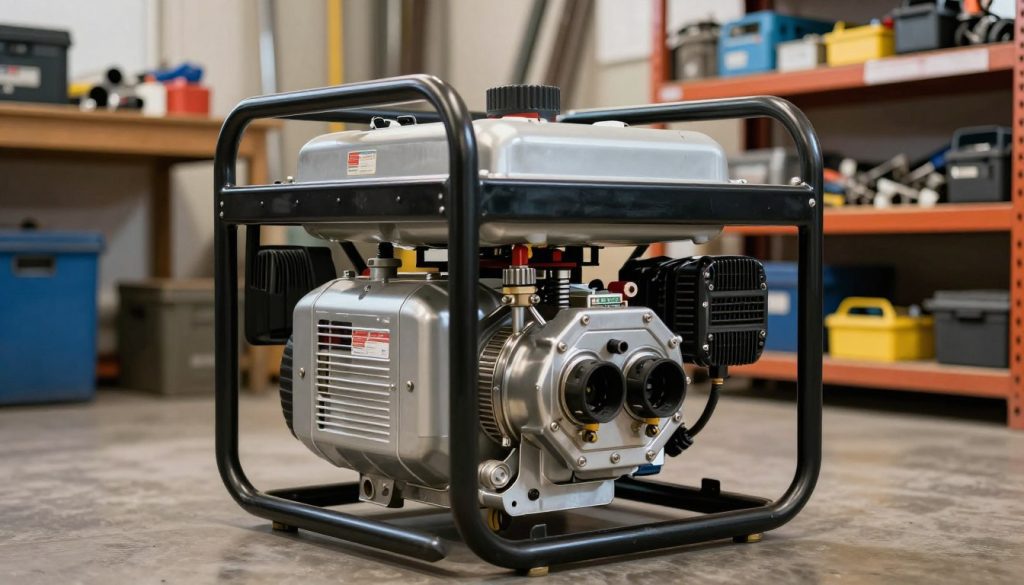 A gasoline generator in a well-lit workshop, showcasing its robust design and technical features. In the foreground, capture the generator with its distinct metal casing, fuel tank, and attached outlets visible. The middle ground features tools and equipment, emphasizing an industrious atmosphere. In the background, include shelves filled with spare parts and safety equipment, creating a sense of practicality and readiness. The lighting should be bright and focused on the generator to highlight its intricate components, with soft shadows creating depth. Use a slight angle view to give a dynamic perspective. Overall, the mood should be professional and informative, conveying a sense of reliability and function.
