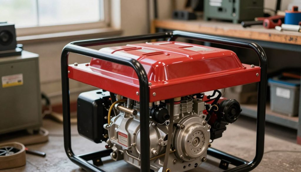 A gasoline-powered 4-stroke generator set against a workshop backdrop. In the foreground, a detailed view of the generator features bright red and black metal casing, showcasing the engine components with visible belts and cables. The middle ground includes various tools and technical equipment scattered around, hinting at a working environment. In the background, soft natural light filters through a window, illuminating hints of machinery and a cluttered workbench. The scene conveys a sense of industriousness and functionality, highlighting the generator's robust design and efficiency. A slight angle from above adds depth, while warm lighting creates an inviting atmosphere, suggesting a dedicated workspace for understanding its operational principles.