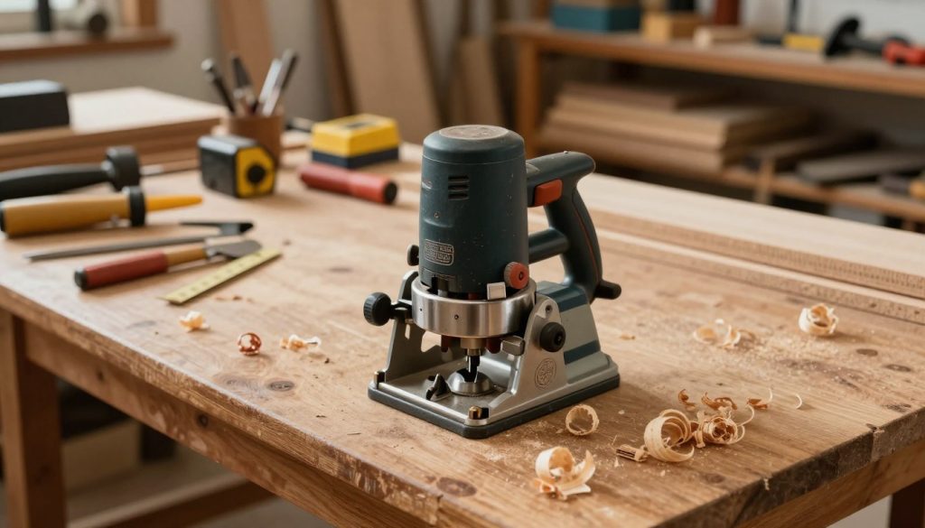 A high-angle view of a woodworking workshop featuring a tupia (router) at the center of the scene. The tupia is depicted with intricate details, showcasing its sharp bits and robust body, positioned on an elegant wooden workbench with visible wood shavings scattered around. In the foreground, the focus is on the tupia, with sharp lighting highlighting its metallic finish and engravings. The middle ground features a well-organized workspace with various woodworking tools, measuring equipment, and pieces of unfinished wood. The background reveals shelves stocked with wood materials and additional tools under warm, soft lighting, creating a cozy yet industrious atmosphere. The overall mood conveys a sense of professionalism and caution, reflecting the potential dangers associated with using the tupia. The image is devoid of any text or watermarks.