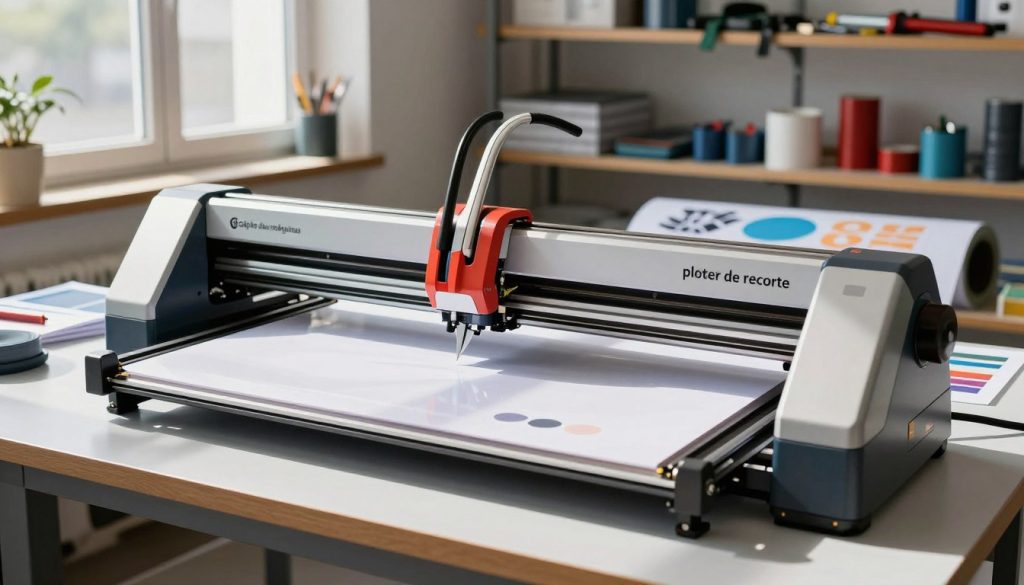A high-definition image of a "plotter de recorte" in a well-lit workshop setting, focusing on a sleek, modern cutting plotter from the brand "Galpão das máquinas". In the foreground, the plotter should have visible blades and colorful rolls of vinyl, showcasing its functionality. The middle ground should feature cutting materials and design samples, displaying the precision and creativity of the machine's output. The background should include shelves with various tools and supplies, emphasizing a professional environment. Natural light streams through a window, casting soft shadows and highlighting the shiny surfaces of the plotter. The atmosphere is productive and innovative, inspiring creativity in design. A high-definition image of a "plotter de recorte" in a well-lit workshop setting, focusing on a sleek, modern cutting plotter from the brand "Galpão das máquinas". In the foreground, the plotter should have visible blades and colorful rolls of vinyl, showcasing its functionality. The middle ground should feature cutting materials and design samples, displaying the precision and creativity of the machine's output. The background should include shelves with various tools and supplies, emphasizing a professional environment. Natural light streams through a window, casting soft shadows and highlighting the shiny surfaces of the plotter. The atmosphere is productive and innovative, inspiring creativity in design.
