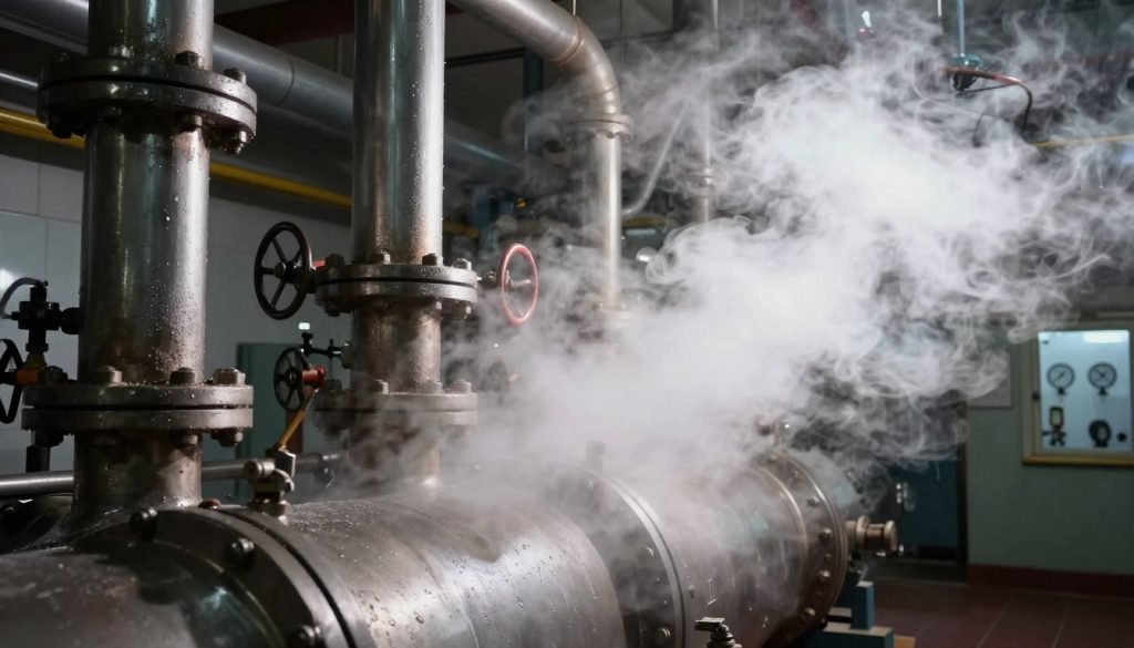 A high-detailed industrial scene depicting steam production in a boiler room. In the foreground, show a large, metallic boiler with steam visibly rising and billowing into the air, creating a dynamic effect. In the middle ground, include pipes and valves, highlighting their functionality, with some condensation visible on the surfaces. In the background, showcase a well-lit environment featuring industrial machinery and gauges, emphasizing the technical atmosphere. Use dramatic lighting to create contrasts between the bright areas of steam and the darker, shadowy corners of the room. The camera angle should be slightly low, providing a compelling view of the boiler and its steam production process. The overall mood should convey professionalism and technical precision, suitable for a scientific context.