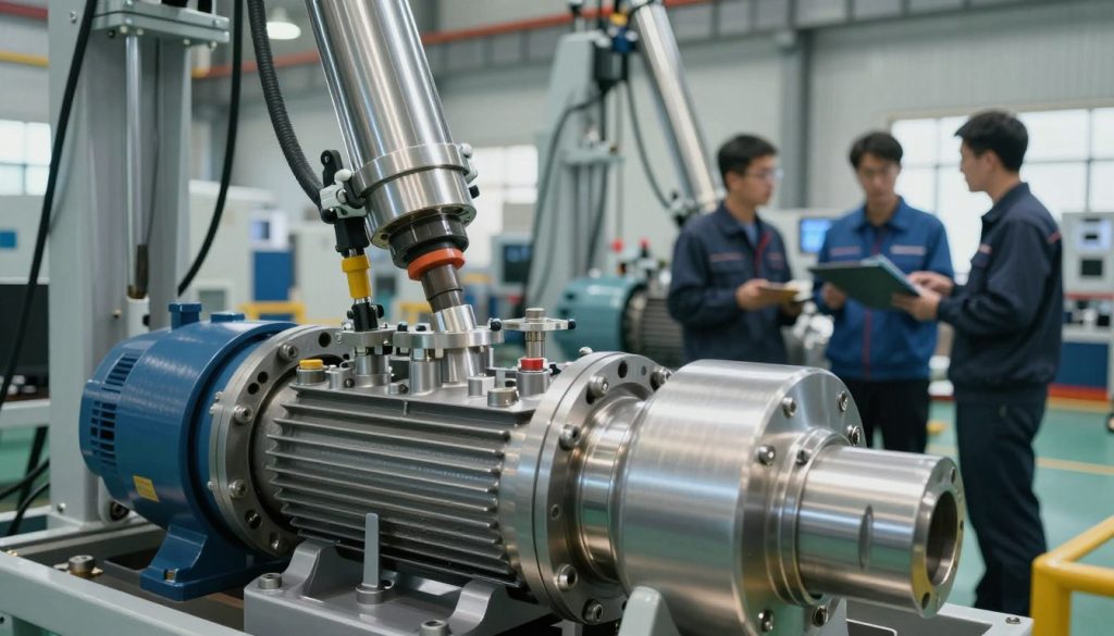 A high-efficiency hydraulic pump system in action, showcasing its intricate components and mechanics. In the foreground, close-up details of the pump, highlighting its metallic surfaces with a polished and reflective quality. The middle ground features engineers in professional attire examining the hydraulic machinery, analyzing performance metrics with digital displays. The background depicts a large industrial setting with other hydraulic systems and machinery, bathed in soft, natural lighting that creates a productive atmosphere. A slight tilt-angle perspective enhances the dynamic appearance of the machinery. The overall mood is one of innovation and teamwork, emphasizing the practical applications of hydraulic technology in modern engineering.