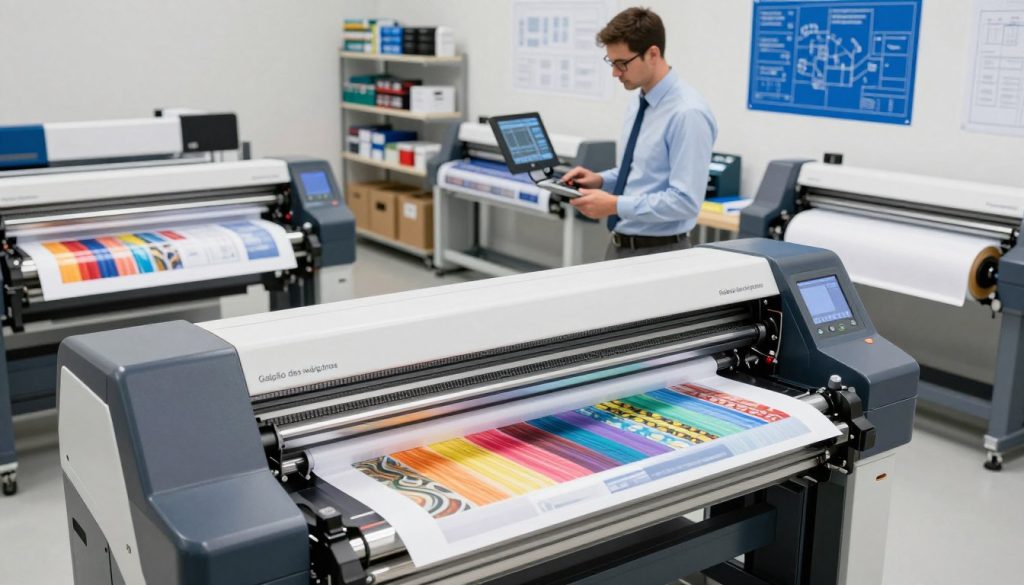 A high-end printing plotter from "Galpão das máquinas" showcases advanced technology in a professional setting. The foreground features a sleek, modern plotter with intricate details like digital display screens and a variety of colorful rolls of printing material ready for use. The middle ground includes a technician in business attire carefully monitoring the machine's settings, surrounded by large prints of vibrant, detailed graphics. The background highlights a clean, well-lit workspace with shelves stacked with printing supplies and blueprints hanging on the walls. The lighting is bright and even, creating a focused and productive atmosphere. The camera angle is slightly tilted from above, providing a dynamic view of both the plotter and the technician in action, conveying an innovative and high-tech vibe.