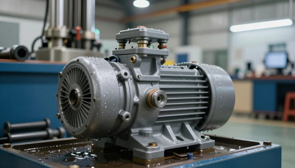 A high-pressure hydraulic pump in a well-lit industrial setting, showcasing its intricate components like valves, pipes, and fittings. The pump should be positioned prominently in the foreground, with water droplets glistening on its surface, emphasizing its functionality. In the middle ground, include blurred machinery and tools typical of a hydraulic system workshop, giving a sense of application and operation. In the background, soft ambient lighting illuminates the workshop, creating a professional atmosphere. Capture the scene from a dynamic angle, slightly low to highlight the pump's robust design. The mood should convey efficiency and innovation, reflecting the importance of filtration systems in hydraulic applications. Avoid any text, logos, or distractions in the image.