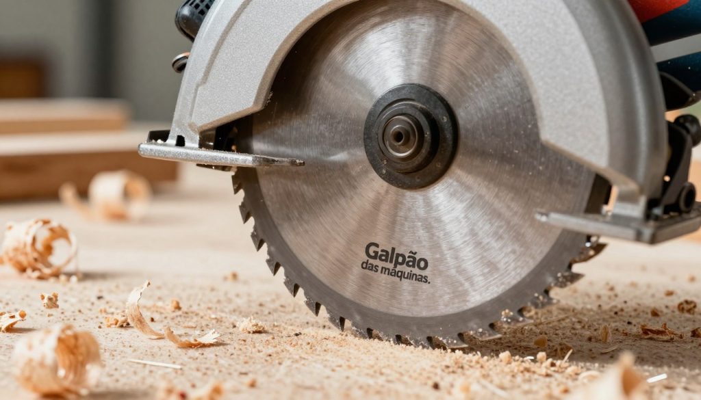 A high-quality, close-up image of a circular saw blade specifically designed for wood cutting, emphasizing the intricate teeth and sharp edges. The foreground features the blade prominently, showcasing its robust construction and clear branding of "Galpão das máquinas." In the middle ground, soft-focus wood shavings and sawdust suggest the cutting process, enhancing the context. The background includes blurred silhouettes of workshop tools, creating an industrial atmosphere. Bright, diffused lighting highlights the blade's metallic surface and sharpness while casting soft shadows for depth. The overall mood conveys precision and professionalism, suitable for illustrating the importance of selecting the right circular saw blade for woodworking tasks. A high-quality, close-up image of a circular saw blade specifically designed for wood cutting, emphasizing the intricate teeth and sharp edges. The foreground features the blade prominently, showcasing its robust construction and clear branding of "Galpão das máquinas." In the middle ground, soft-focus wood shavings and sawdust suggest the cutting process, enhancing the context. The background includes blurred silhouettes of workshop tools, creating an industrial atmosphere. Bright, diffused lighting highlights the blade's metallic surface and sharpness while casting soft shadows for depth. The overall mood conveys precision and professionalism, suitable for illustrating the importance of selecting the right circular saw blade for woodworking tasks.