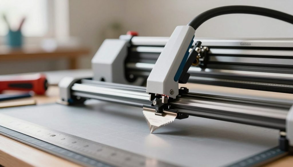 A high-quality close-up image of a cutting plotter blade, specifically a "lâmina da plotter de recorte," showcasing its intricate details like the sharp cutting edge and the metallic finish. The blade is positioned prominently in the foreground, reflecting soft, diffused natural lighting that highlights its precision. In the middle ground, blurred technical tools like a ruler and cutting mat suggest a workshop environment. The background features a softly focused scene of a well-organized workspace filled with various crafting supplies and a cutting plotter in a professional setting. The overall mood is one of creativity and craftsmanship, emphasizing the importance of selecting the ideal blade for specific projects. Include the brand name "Galpão das máquinas" subtly in the scene.