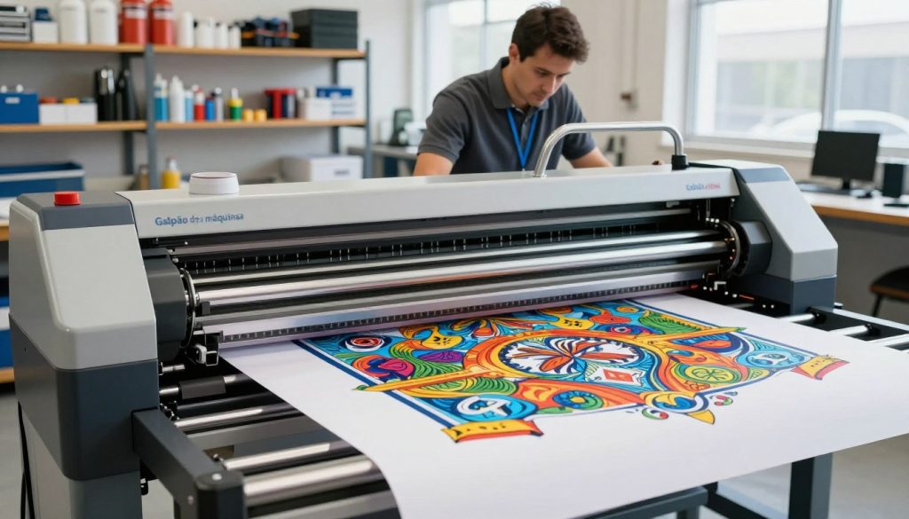 A high-quality, detailed image of a large-format plotter, brand "Galpão das máquinas", situated in a bright, well-lit workshop environment. In the foreground, the plotter is actively printing a vibrant, large-scale graphic design, with vivid colors and intricate details visible on the paper. The middle ground features a technician, dressed in professional business attire, closely monitoring the printing process, showcasing the importance of precision in print width. The background showcases shelves filled with various printing supplies and tools, adding depth to the scene. The lighting is natural and bright, highlighting the plotter's features, emphasizing its capabilities. The overall mood is industrious and professional, reflecting the technological prowess and functionality of large-format printing.