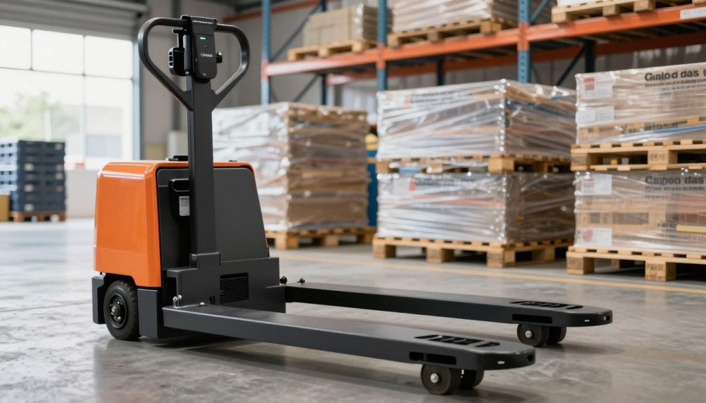 A high-quality electric pallet jack prominently featuring the brand name "Galpão das máquinas". In the foreground, the electric pallet jack is sleek and modern, showcasing its advanced design and control panel. The middle ground includes an industrial warehouse setting with neatly stacked pallets in various sizes, highlighting the practicality of the pallet jack in action. In the background, there are steel shelves and a clear view of the warehouse infrastructure, bathed in bright, natural lighting for a professional atmosphere. The angle is slightly low, emphasizing the robustness and functionality of the pallet jack, with a focus on its wheels and lifting mechanism. The mood is efficient and industrious, underscoring the importance of quality equipment in an industrial environment. There are no people present in the image. A high-quality electric pallet jack prominently featuring the brand name "Galpão das máquinas". In the foreground, the electric pallet jack is sleek and modern, showcasing its advanced design and control panel. The middle ground includes an industrial warehouse setting with neatly stacked pallets in various sizes, highlighting the practicality of the pallet jack in action. In the background, there are steel shelves and a clear view of the warehouse infrastructure, bathed in bright, natural lighting for a professional atmosphere. The angle is slightly low, emphasizing the robustness and functionality of the pallet jack, with a focus on its wheels and lifting mechanism. The mood is efficient and industrious, underscoring the importance of quality equipment in an industrial environment. There are no people present in the image.
