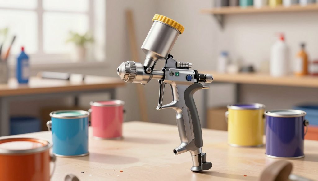 A high-quality illustration of a professional paint sprayer (pistola de pintura) centered in the foreground, showcasing intricate details like the nozzle, adjustable pressure settings, and a sleek, ergonomic handle. The sprayer is surrounded by a few paint cans in various vibrant colors, suggesting its use. In the middle ground, a clean workbench features tools and cleaning supplies, symbolizing maintenance, with hints of paint splatter for realism. The background shows a neatly organized workshop, well-lit with soft, natural lighting filtering through a window, creating a warm and inviting atmosphere. The angle is slightly tilted to give depth, focusing on the paint sprayer while the workshop gently fades into the background, emphasizing its importance in ensuring longevity and quality in painting tasks.