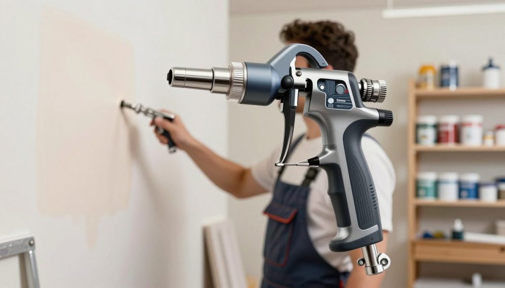 A high-quality illustration of an HVLP paint gun, showcasing its intricate design and components. In the foreground, the HVLP gun features a sleek, ergonomic handle, a precision nozzle, and adjustable settings, reflecting its advanced technology. The middle ground features a painter in professional attire, focused on using the gun to apply a smooth coat of paint on a wall, demonstrating its efficiency and ease of use. The background is a well-lit workshop environment, with shelves containing various paint supplies and tools, emphasizing a creative atmosphere. Soft, natural lighting enhances the details of the gun and workspace, while a warm color palette conveys a sense of innovation and craftsmanship. Incorporate subtle branding elements of "Galpão das máquinas" to indicate quality and trust in painting equipment.