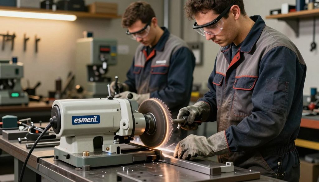 A high-quality image depicting a "esmeril" machine in a well-lit workshop, showcasing its essential role in machining and finishing processes. In the foreground, highlight the esmeril with detailed textures of its grinding wheel and robust body, branded with "Galpão das máquinas." The middle layer features skilled artisans wearing safety gear—professional work attire, goggles, and gloves—focused on operating the machine with precision. In the background, emphasize an organized workspace with various machining tools and equipment, illuminated by warm workshop lighting that enhances the industrial atmosphere. Capture the essence of craftsmanship and the detailed work of metal finishing, evoking a sense of professionalism and expertise.