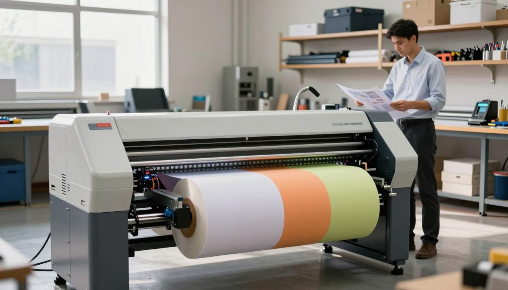 A high-quality image depicting a large industrial plotter in a well-lit workshop environment. In the foreground, showcase the plotter with intricate mechanisms and a roll of vibrant colored paper emerging from it, emphasizing its size and technological features. In the middle ground, include a professional standing next to the plotter, wearing a business attire of a crisp shirt and slacks, examining a printout. The background features shelves with various printing materials and tools, subtly displaying a busy work atmosphere. Illuminate the scene with natural light filtering through large windows, casting soft shadows, enhancing the sleek, modern design of the plotter. The setting should evoke a sense of innovation and professionalism in the industry. Include the brand name "Galpão das máquinas" integrated into the workshop ambiance, subtly placed on one of the shelves.