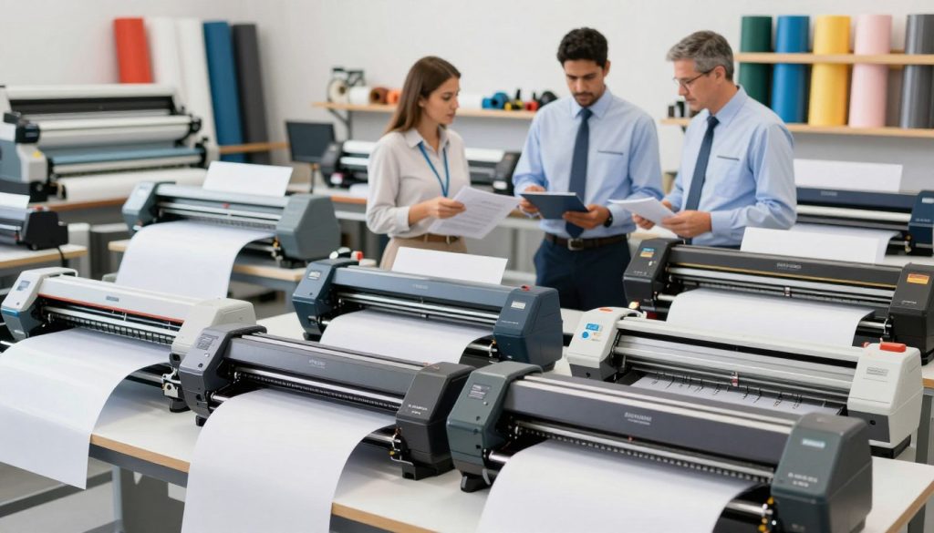 A high-quality image depicting a variety of plotter printing widths available in the Brazilian market. In the foreground, showcase several different model plotters displaying their specifications and print widths prominently. The middle ground should highlight the technicians in professional business attire, carefully analyzing print samples and discussing options. In the background, include a well-organized workshop setting with shelves stocked with large rolls of colorful printing media and tools. Use bright, even lighting to enhance visibility and detail, capturing a sense of professionalism and innovation. The scene should evoke a collaborative atmosphere focused on the importance of print width in design and production, with the brand name "Galpão das máquinas" subtly included in the presentation.