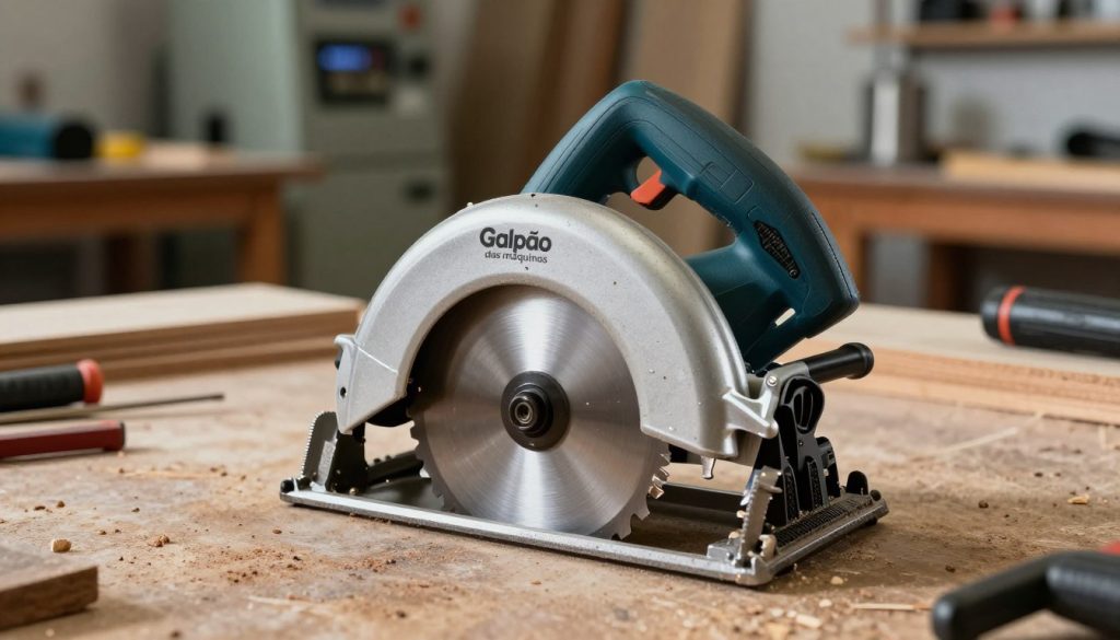 A high-quality image of a circular saw designed for straight cuts, with a clear indication that it is not suitable for curved cuts. In the foreground, display the circular saw with its blades gleaming under bright, focused lighting that emphasizes its sharp edges. The middle ground should feature a workbench cluttered with wood pieces and tools, conveying a busy workshop atmosphere. In the background, blurred machinery and tool racks add depth, hinting at a professional setting. The lighting should create a clear contrast, casting soft shadows to enhance the three-dimensionality of the scene. Overall, the mood is practical and focused, illustrating the specific limitations of the circular saw. The brand "Galpão das máquinas" is subtly incorporated into the design of the saw, emphasizing quality craftsmanship.