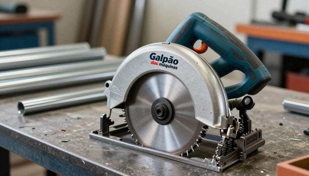 A high-quality image of a circular saw specifically designed for metal cutting, prominently featuring the brand name "Galpão das máquinas". In the foreground, showcase the saw with intricate details highlighting its sharp teeth and robust construction. The middle ground should include a workbench with metallic materials like steel sheets and pipes arranged neatly, reflecting a professional workshop setting. In the background, softly blurred, add hints of tool storage and workshop equipment, creating depth. The lighting should be bright and even, emphasizing the metallic surfaces and textures without harsh shadows. Capture the mood of precision and professionalism, ideal for a workshop environment, utilizing a slightly elevated angle for an engaging perspective.