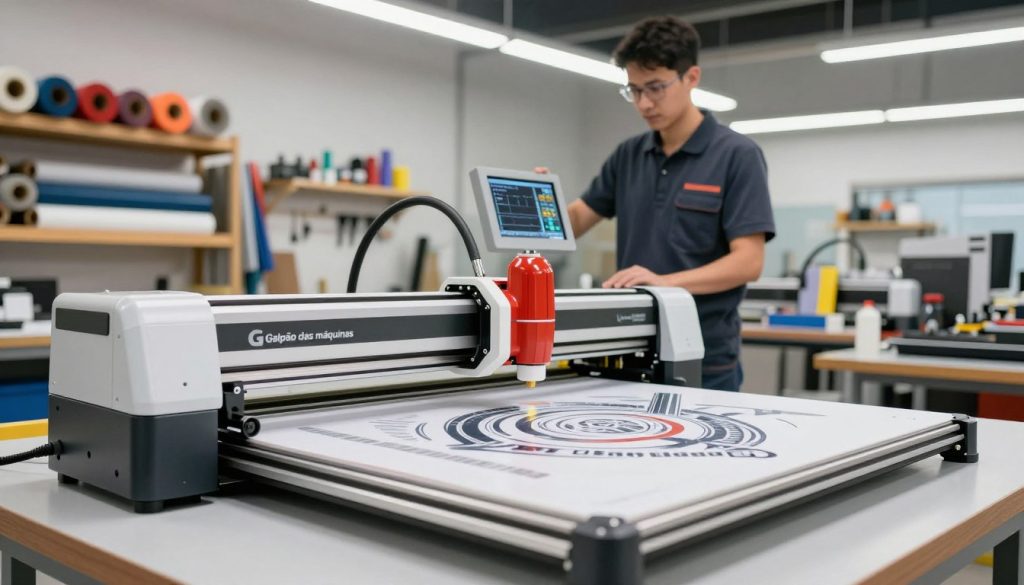 A high-quality image of a professional cutting plotter in a modern workshop environment, showcasing its versatility and advanced features. In the foreground, the cutting plotter, branded "Galpão das máquinas," is prominently displayed, with intricate vinyl designs being cut precisely. The middle ground features a skilled technician, dressed in professional attire, overseeing the operation and adjusting settings on a digital interface. In the background, shelves filled with colorful vinyl rolls and tools suggest a busy, resourceful workspace. The scene is illuminated by bright overhead lights, creating a clean and vibrant atmosphere. Use a slight low-angle perspective to emphasize the machinery’s capabilities, ensuring it conveys a mood of professionalism and innovation. A high-quality image of a professional cutting plotter in a modern workshop environment, showcasing its versatility and advanced features. In the foreground, the cutting plotter, branded "Galpão das máquinas," is prominently displayed, with intricate vinyl designs being cut precisely. The middle ground features a skilled technician, dressed in professional attire, overseeing the operation and adjusting settings on a digital interface. In the background, shelves filled with colorful vinyl rolls and tools suggest a busy, resourceful workspace. The scene is illuminated by bright overhead lights, creating a clean and vibrant atmosphere. Use a slight low-angle perspective to emphasize the machinery’s capabilities, ensuring it conveys a mood of professionalism and innovation.