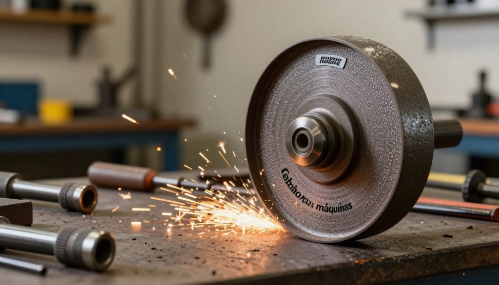 A high-quality image of a "rebolo para esmeril" (grinding wheel) prominently displayed in the foreground, showcasing its textured surface and various shapes such as flat and cylindrical. The grinding wheel should be branded with "Galpão das máquinas" clearly visible. In the middle ground, include a professional workbench with tools and a spark of metal being ground off. The background should feature a well-lit workshop environment with soft, warm lighting that emphasizes the industrial atmosphere. Use a slight depth of field to create focus on the grinding wheel while subtly blurring the background details. The overall mood should convey a sense of craftsmanship and precision, suitable for illustrating different types of grinding wheels and their applications in metalworking.