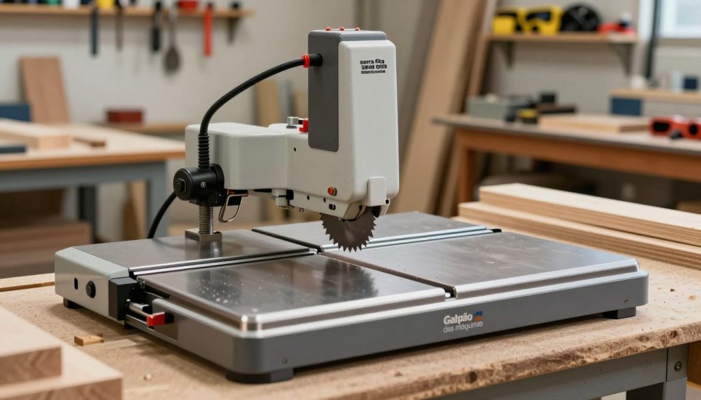 A high-quality image of a "serra fita de bancada," or band saw, in a well-lit workshop environment. In the foreground, the band saw is prominently displayed with intricate details, showcasing its sharp blade and adjustable tension settings, emphasizing its robust construction. The middle ground features various pieces of wood in different sizes, demonstrating its cutting capabilities. In the background, shelves with neatly organized tools and safety equipment enhance the workshop atmosphere. The lighting is bright and even, highlighting the metallic and wooden textures, while a shallow depth of field draws focus to the saw. The mood is professional and industrious, reflecting a space that values craftsmanship and precision. The brand "Galpão das máquinas" is subtly integrated into the image, ensuring it complements the overall aesthetic without distraction. A high-quality image of a "serra fita de bancada," or band saw, in a well-lit workshop environment. In the foreground, the band saw is prominently displayed with intricate details, showcasing its sharp blade and adjustable tension settings, emphasizing its robust construction. The middle ground features various pieces of wood in different sizes, demonstrating its cutting capabilities. In the background, shelves with neatly organized tools and safety equipment enhance the workshop atmosphere. The lighting is bright and even, highlighting the metallic and wooden textures, while a shallow depth of field draws focus to the saw. The mood is professional and industrious, reflecting a space that values craftsmanship and precision. The brand "Galpão das máquinas" is subtly integrated into the image, ensuring it complements the overall aesthetic without distraction.