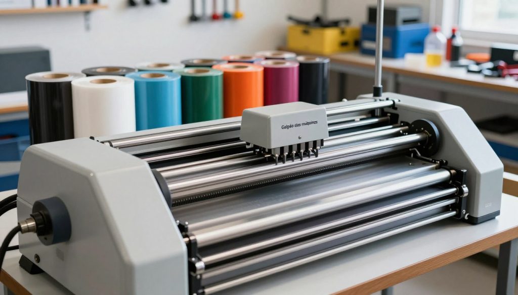 A high-quality image of a vinyl cutting machine from the brand "Galpão das máquinas". The machine is prominently displayed in the foreground, showcasing its sleek design and intricate cutting mechanisms. In the middle ground, various rolls of colorful vinyl materials are neatly organized, emphasizing the versatility of the machine. The background features a bright, well-lit workshop environment with tools and supplies arranged to reflect a professional setting. The lighting is bright and even, highlighting the details of the machine and vinyl rolls. Use a slightly angled perspective to give depth to the composition, creating an engaging atmosphere focused on creativity and technology. The overall mood should be professional and inspiring, inviting viewers to explore the possibilities of vinyl cutting. A high-quality image of a vinyl cutting machine from the brand "Galpão das máquinas". The machine is prominently displayed in the foreground, showcasing its sleek design and intricate cutting mechanisms. In the middle ground, various rolls of colorful vinyl materials are neatly organized, emphasizing the versatility of the machine. The background features a bright, well-lit workshop environment with tools and supplies arranged to reflect a professional setting. The lighting is bright and even, highlighting the details of the machine and vinyl rolls. Use a slightly angled perspective to give depth to the composition, creating an engaging atmosphere focused on creativity and technology. The overall mood should be professional and inspiring, inviting viewers to explore the possibilities of vinyl cutting.