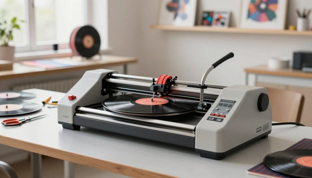 A high-quality image of a vinyl cutting machine, specifically the "Galpão das máquinas" model, positioned prominently in the foreground on a sleek work table. The machine is vividly depicted, showcasing its intricate details like the cutting blade, control panel, and rolls of colorful vinyl in various hues nearby. In the middle ground, a well-organized workspace is visible with scattered tools such as scissors, weeding tools, and cutting mats, hinting at the creative process. The background features a softly blurred, well-lit room with shelves filled with finished vinyl crafts. Natural light streams through a window, creating a bright and inviting atmosphere that conveys professionalism and creativity. The overall mood is inspiring and focused, ideal for illustrating proper use of a vinyl cutter. A high-quality image of a vinyl cutting machine, specifically the "Galpão das máquinas" model, positioned prominently in the foreground on a sleek work table. The machine is vividly depicted, showcasing its intricate details like the cutting blade, control panel, and rolls of colorful vinyl in various hues nearby. In the middle ground, a well-organized workspace is visible with scattered tools such as scissors, weeding tools, and cutting mats, hinting at the creative process. The background features a softly blurred, well-lit room with shelves filled with finished vinyl crafts. Natural light streams through a window, creating a bright and inviting atmosphere that conveys professionalism and creativity. The overall mood is inspiring and focused, ideal for illustrating proper use of a vinyl cutter.