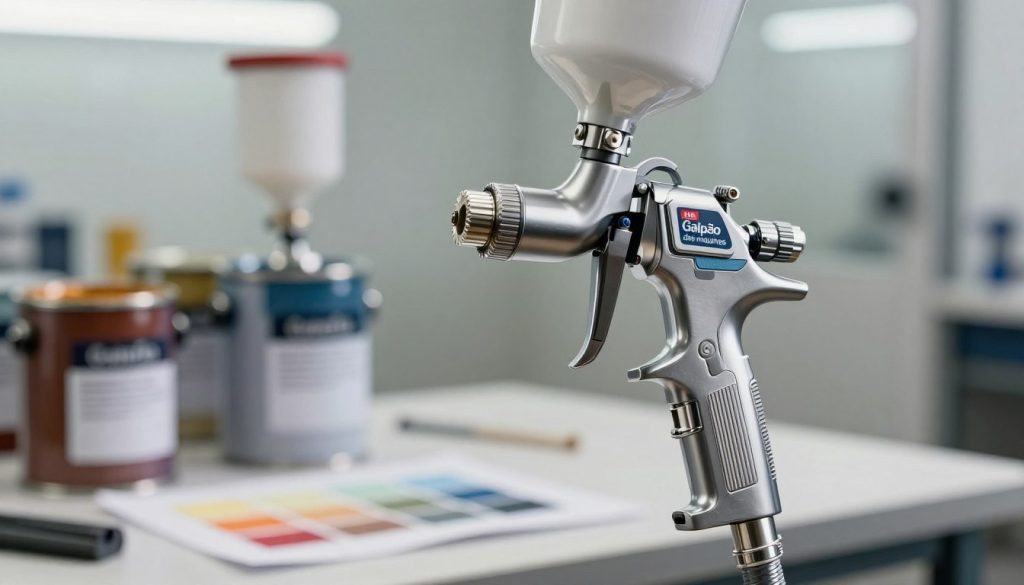 A high-quality image of an HVLP (High Volume Low Pressure) spray gun prominently displayed in the foreground, showcasing its sleek design and intricate nozzle details. The spray gun should have branded elements from "Galpão das máquinas" visible, emphasizing its high-tech features. In the middle ground, an artistically blurred background of a workshop environment, featuring paint cans, a paint booth, and sheets of paper with color swatches, conveying an atmosphere of creativity and precision. The lighting is bright and focused on the spray gun, with soft shadows adding depth. Use a shallow depth of field to draw attention to the spray gun while the background remains subtly out of focus, creating a professional and inviting mood. The overall tone is energetic yet technical, ideal for illustrating the concepts of paint application.