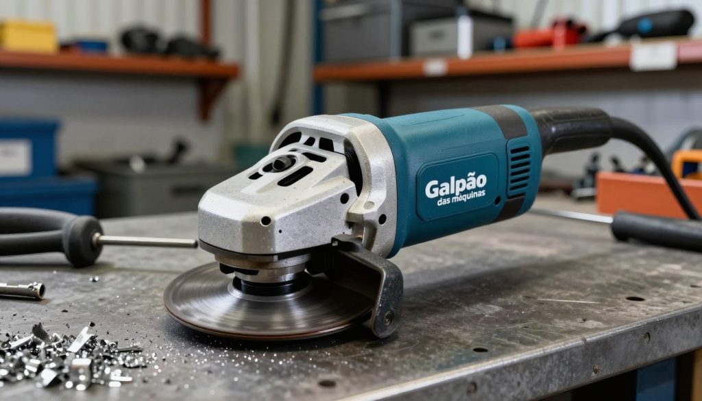 A high-quality image of an angular grinder, prominently displaying the "Galpão das máquinas" brand logo. The foreground features the angular grinder with a detailed close-up of its cutting disc and ergonomic handle. In the middle ground, show an industrial workspace with metal shavings and a workbench, emphasizing its practical applications in grinding and rough finishing. The background includes shelves stocked with other grinding tools and safety equipment, creating an organized workshop atmosphere. The lighting is bright and focused on the grinder, highlighting its metallic texture and design. The camera angle is slightly tilted to provide a dynamic view, evoking a sense of action and professionalism in an industrial setting.