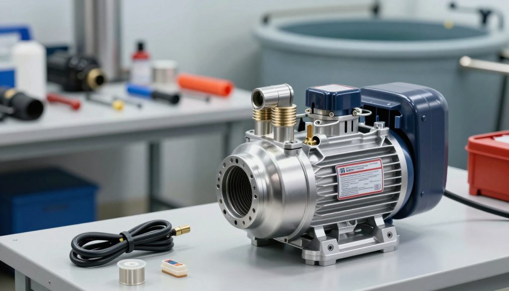 A high-quality image of the best submersible pump showcased in an informative setting. In the foreground, place a modern, robust submersible pump with a shiny metallic finish, displaying clear features like the power cord, intake filter, and label indicating its performance specifications. The middle ground should include a workbench or a well-organized workshop with tools and accessories related to pumps, conveying a professional environment. In the background, out of focus, add subtle elements like water tanks for context, hinting at its application in wells. The lighting is bright and even, highlighting the pump's design, with soft shadows to create depth. The atmosphere feels technical and reliable, ideal for an informative article.
