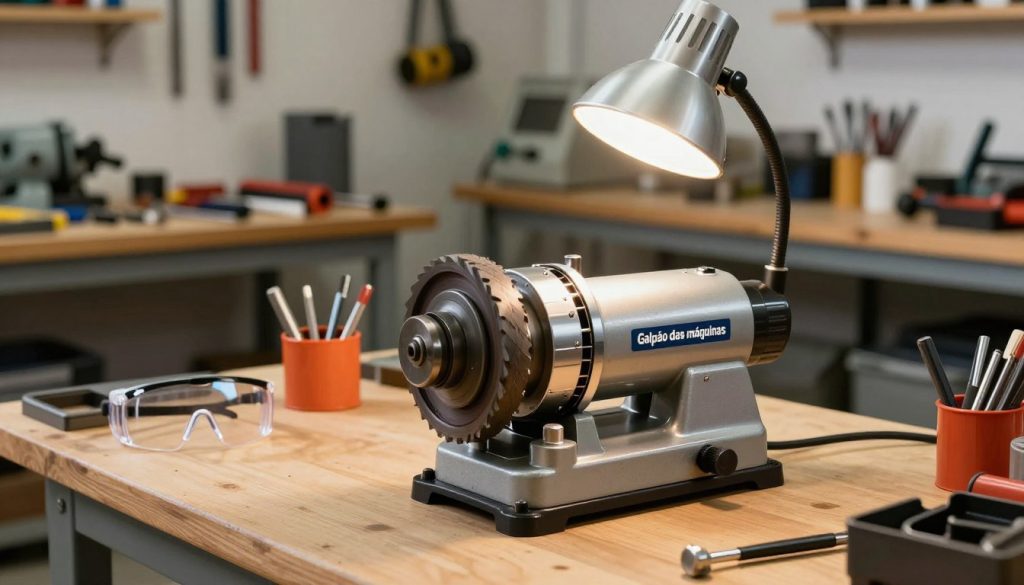 A high-quality mechanical bench grinder, branded "Galpão das máquinas", is prominently displayed in a workshop setting. In the foreground, focus on the grinder with its shiny metal body, various grinding wheels attached, and an adjustable work light illuminating its surface. The middle ground features neatly organized tools and accessories, such as safety goggles and tool holders, enhancing the workshop atmosphere. The background reveals a well-lit, robust workspace with wooden workbenches, tool racks, and machinery, all conveying a sense of meticulous organization. The scene is captured with a shallow depth of field, emphasizing the grinder in sharp focus while the workshop environment is slightly blurred. The lighting is bright and industrial, promoting a productive and professional mood, suitable for a mechanical setting.