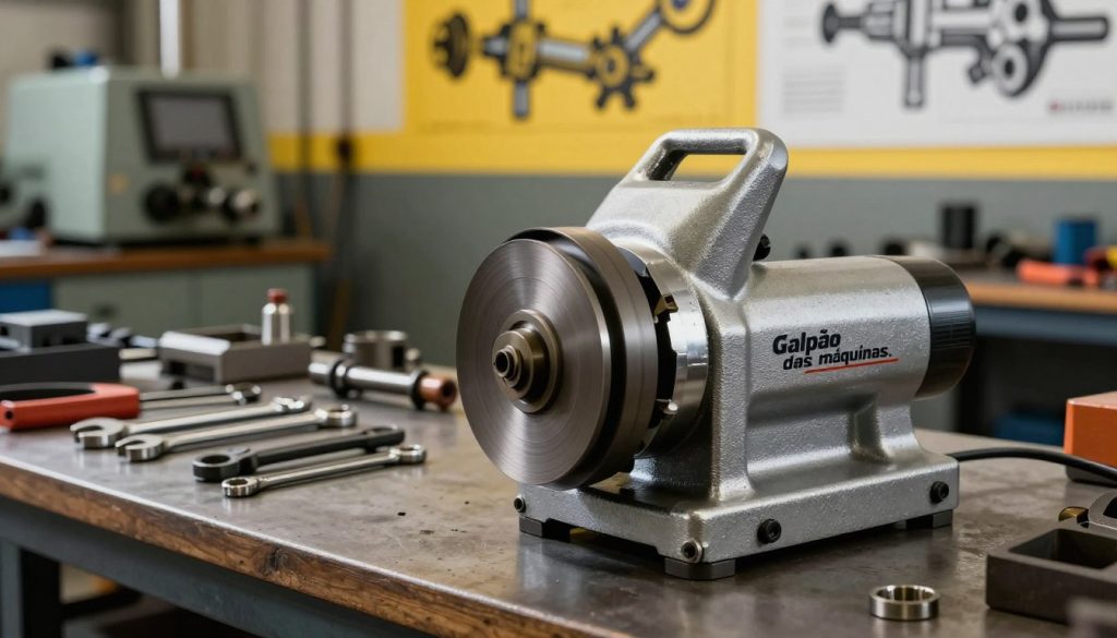 A high-quality metal grinder for mechanical workshops, prominently featuring the brand name "Galpão das máquinas." In the foreground, the grinder is highlighted, showcasing its robust steel construction and intricate grinding wheel. The middle layer includes a well-organized mechanical workspace with tools like wrenches and pliers scattered around, emphasizing a busy atmosphere. In the background, workshop machinery and a vibrant wall with mechanical diagrams add depth and context. The lighting is bright and focused, casting subtle shadows that enhance the metallic textures. Capture the image from a slight angle to showcase the grinder's features while creating a sense of perspective. The overall mood is industrious and professional, reflecting the essential role of grinders in modern mechanics.