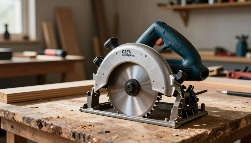 A high-quality, realistic image of a circular saw, prominently displayed in the foreground, with gleaming metal teeth and a robust electric motor. The circular saw is set on a wooden workbench, surrounded by planks of wood and tools, emphasizing its industrial use. In the middle background, a softly blurred workshop setting reveals shelves filled with various woodworking tools, creating an authentic atmosphere. Natural lighting filters in through a nearby window, casting dynamic shadows and highlighting the textures of the wood and metal. The scene reflects a mood of craftsmanship and precision. Include the brand name "Galpão das máquinas" subtly on the saw's body. The angle of the shot is slightly elevated, showcasing the saw’s features in detail without any text or overlays.