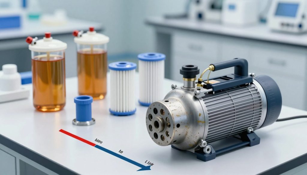 A high-quality scientific illustration focusing on the lifespan of a vacuum pump. In the foreground, prominently display a detailed, realistic vacuum pump with visible wear and tear, showcasing its components and labels. In the middle ground, array various components like oil-filled reservoirs and air filters, emphasizing their importance in pump maintenance and longevity. The background should depict a clean, modern laboratory environment, softly illuminated with bright, diffused lighting that enhances the sterile atmosphere. Capture the image from a slightly elevated angle to provide a comprehensive view of the setup. Aim for a professional and informative mood that conveys the technical nature of the subject, suitable for educational purposes without any text or watermarks. A high-quality scientific illustration focusing on the lifespan of a vacuum pump. In the foreground, prominently display a detailed, realistic vacuum pump with visible wear and tear, showcasing its components and labels. In the middle ground, array various components like oil-filled reservoirs and air filters, emphasizing their importance in pump maintenance and longevity. The background should depict a clean, modern laboratory environment, softly illuminated with bright, diffused lighting that enhances the sterile atmosphere. Capture the image from a slightly elevated angle to provide a comprehensive view of the setup. Aim for a professional and informative mood that conveys the technical nature of the subject, suitable for educational purposes without any text or watermarks.